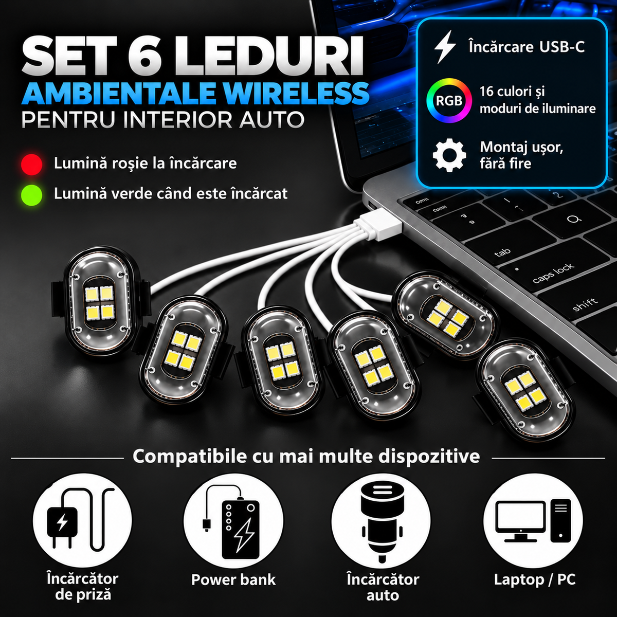 Set 6 LED-uri Auto RGB Wireless – USB-C