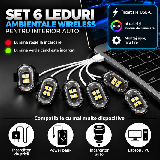 Set 6 LED-uri Auto RGB Wireless – USB-C