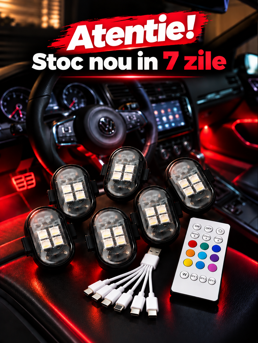 Set 6 LED-uri Auto RGB Wireless – USB-C